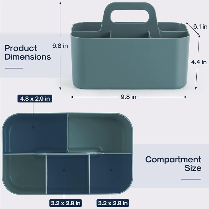 Multiuse Caddy Organizer with Handle, Portable Divided Plastic Tote Bin - Art Craft, Stationary Pen Marker Crayons, Makeup Hair Supplies Storage - Bathroom, Classroom, Dorm, Office, Desk Holder - Cyan