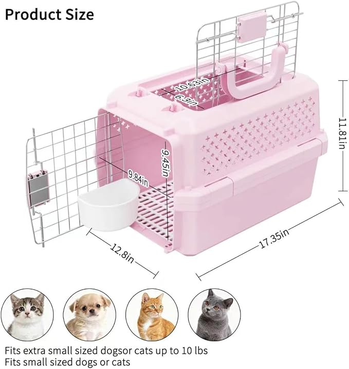 Airline Pet Carrier: Hard-Sided Small Cat & Dog Crate with Bowl | Airline-Approved Size / Durable Metal Locking Door / 360° Ventilation Panels / Top Handle for Easy Carry / Lightweight Shell