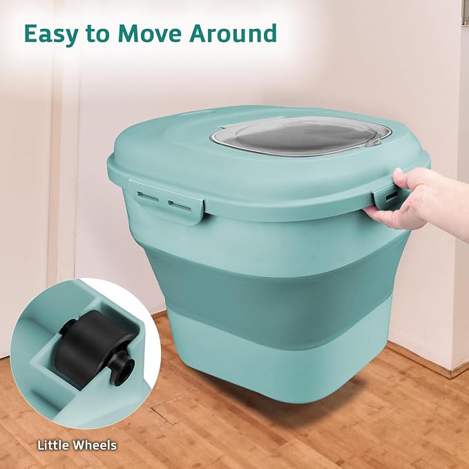 Komzon Rice Storage Bin Cereal Containers, 13-50lb Collapsible Rice Container Dispenser with Transparent Lid, Rolling Wheels, Measuring Cup and Scoop, Airtight Dog Cat Pet Food Storage Container Green