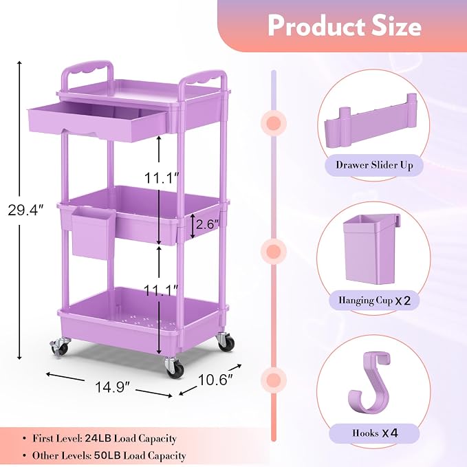 SUNALLY Makeup Cart Organizer with Drawer,3 Tier Rolling Makeup Cart,Purple | Rolling Vanity Storage for Skin Care Perfume Nail Polish, Floor Skincare Organizers Cosmetics Display Bathroom Storage Cart