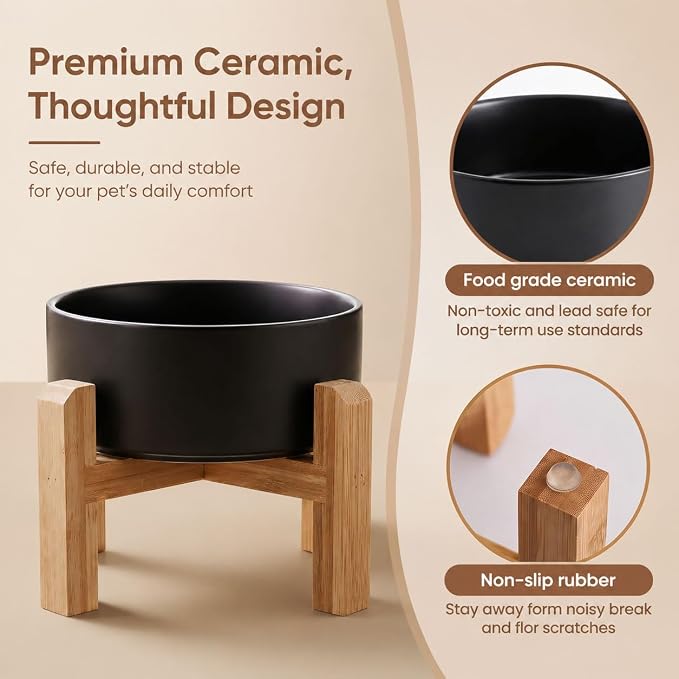 hjn Elevated Ceramic Dog Bowl with Bamboo Stand, Raised Pet Feeding Station for Small Medium Dogs Cats, Modern Design with Anti-Slip Base (Black, 7.6Cup)