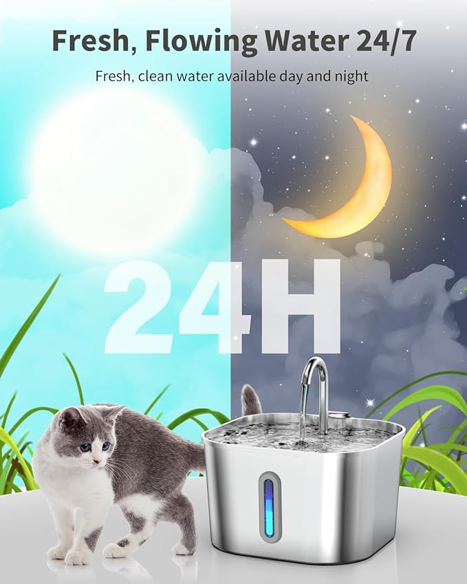 Lawfery Cat Water Fountain Stainless Steel, 74oz/2.2L Automatic Cat Drinking Fountain with 4 Filters & 4 Sponges, Pet Water Dispenser with Quiet Pump, Suitable for Cats, Dogs and Multi-pet households