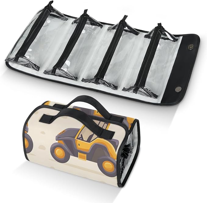 Construction Trucks Makeup Bag for Women Hanging Roll-Up Travel Organizer Toiletry Kit with 4 Removable Compartments, Yellow