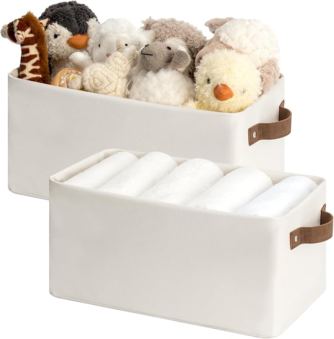 StorageWorks Narrow Storage Bins, Long Baskets, Beige, 2-Pack | With Metal Frame, Sturdy Structure, PU Handles, Toilet Paper Storage, Small Storage Bins, For Bathroom, Closet, Shelf