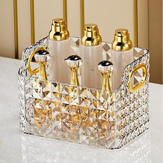 Clear PET Diamond Pattern Storage with ABS Handles for Cosmetics and Accessories, Versatile Bathroom Vanity Organizer