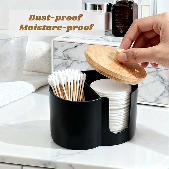 Qtip Holder Dispenser, Dual Compartment Cotton Swab Organizer | Black Dual Compartment Organizer With Dustproof Lid For Cotton Swabs And Pads, Helping Keep Bathroom Countertops Neat.