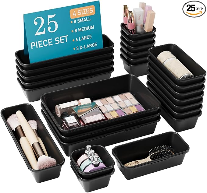 Kutesna 25 PCS Drawer Organizers Set, 4 Size Plastic Storage Bins（Black ） | 4 Size Interlocking Plastic Storage Bins for Office Supplies, Jewelry Makeup Vanity, Bathroom Kitchen, Gadgets Small Items