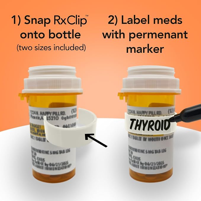 20 Pack Medicine Bottle Label Clips for Easy Medication Identification - 20ct Multipack with Marker (White)