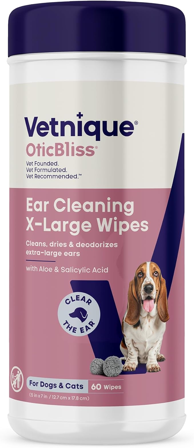 Vetnique Oticbliss Cat & Dog Ear Wipes - Dog Ear Infection Wipes or Dog Ear Cleaner Wipes for Dirty, Waxy, Smelly Ears, Odor Control with Aloe Vera & Salicylic Acid (X-Lg Ear Cleaning Wipes (60ct))