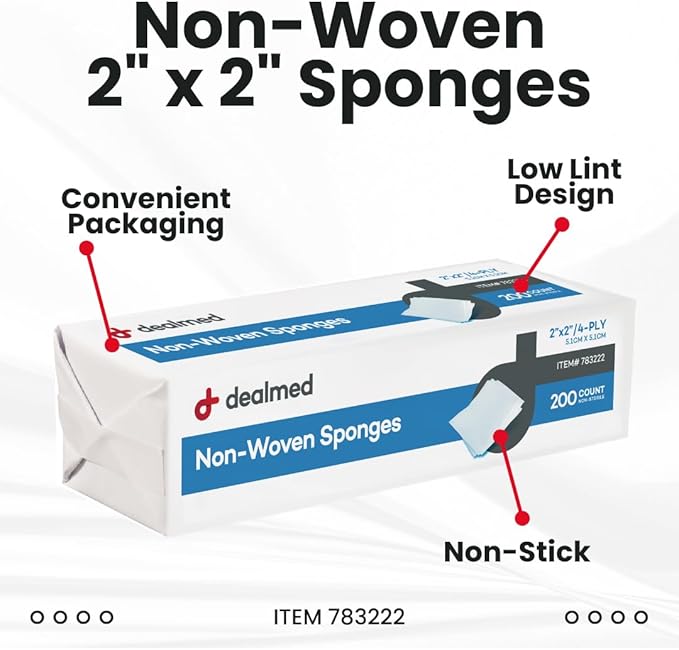 Dealmed 2" x 2" Non-Woven Gauze Sponges (200 Count) 4-Ply All-Purpose Non-Sterile Absorbent Dental Gauze Wound Care Product for First Aid Kit/Medical Facilities (Pack of 5)
