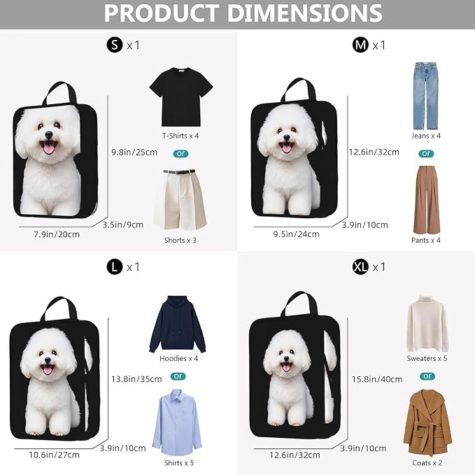 Bichon Frise Puppy Compression Packing Cubes Set Of 4, Lightweight Expandable Travel Organizer Bags With Double Zipper For Vacation Business