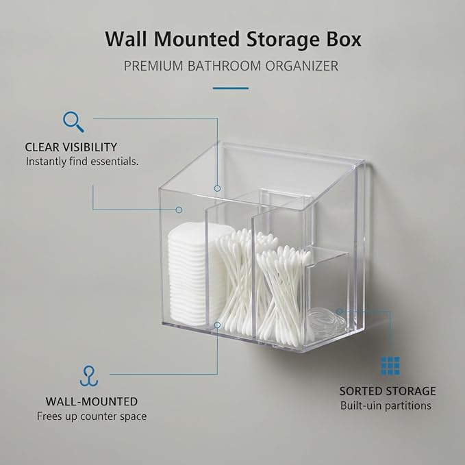 Clear Rectangular Wall-Mounted Organizer with Dividers, Transparent PET Bathroom Canister for Cotton Pads and Cotton Swabs, Space-Saving Vanity Storage Box (1 Pack)
