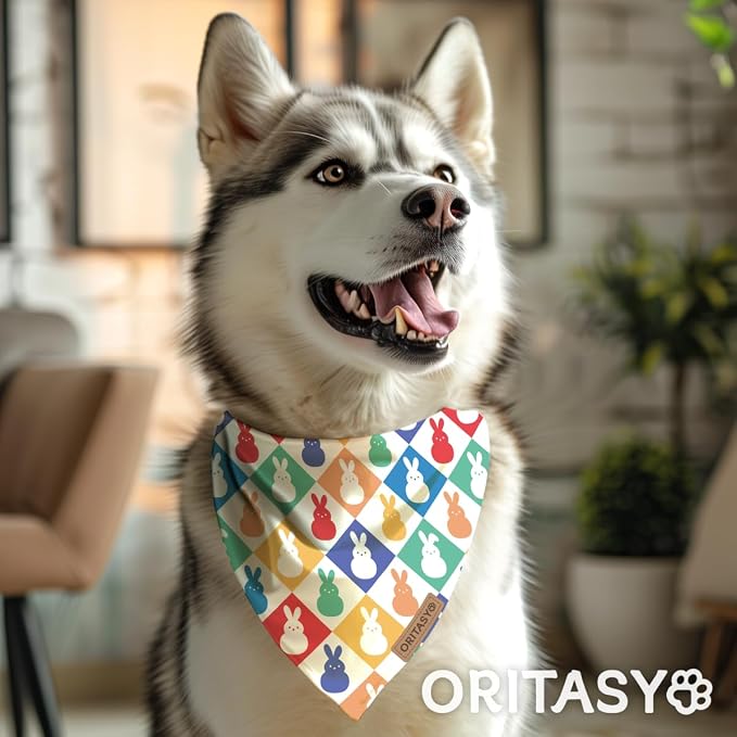Easter Dog Bandanas, 2-Pack Triangle Reversible Bunny Eggs Pet Scarves, Premium Fabric, Bandana for All Boys Girls Dogs (Checkered, One Size)
