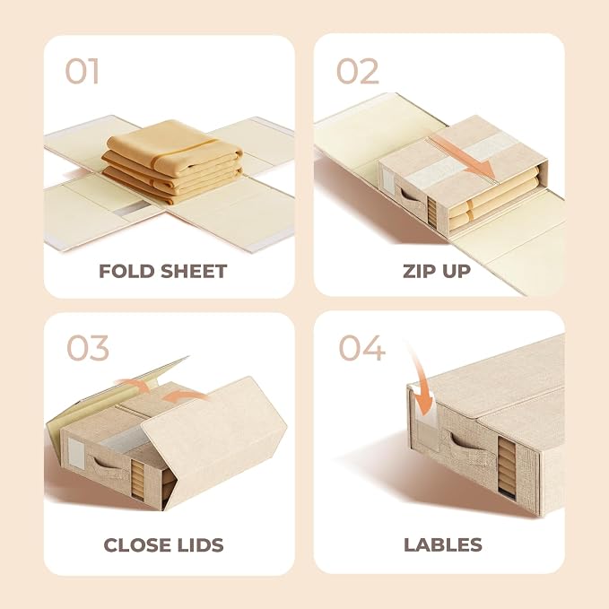 Sheet Organizers and Storage for Linen Closet, 6Pack Beige | 1200D Linen-Type Cloth, Fits King and Queen Sheet Sets, Clear Window and Label Slot, Foldable Dustproof Storage with Handle