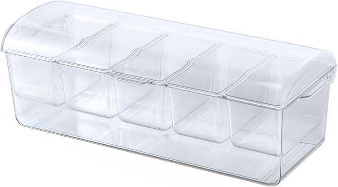 Chilled Condiment Server with Lid 5 Compartment Condiment Tray with Ice Chamber and Handle Food Grade PET Transparent Caddy for Bar Party, Tray with Ice Chamber