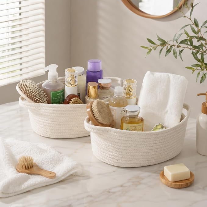 Small Woven Cotton Rope Baskets with Handles, Set of 2, White | 12 x 8 x 5 Inch Baskets, Empty Gift Baskets, Decorative Storage, Nursery Shelf Organizer, Multi-Room Storage