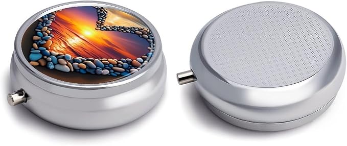 Love Beach Metal Round Pill Box, 3 Compartment Travel Organizer, Portable Pill Container with Secure Latch, 2 Inch Circular Vitamin Caddy for Pills and Vitamins, Gift for Him Her Elderly