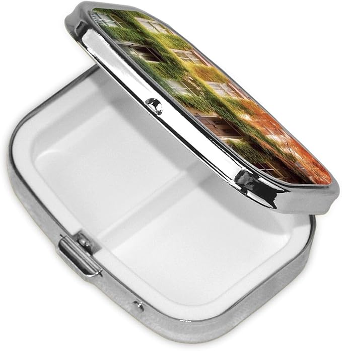 Square Pill Box Leafy Townhouses Pill Case for Purse & Pocket 3 Compartment Pill Organizer Portable Travel Pillbox Medicine Pill Holder Container for Daily Vitamin Cod Liver Oil Storage