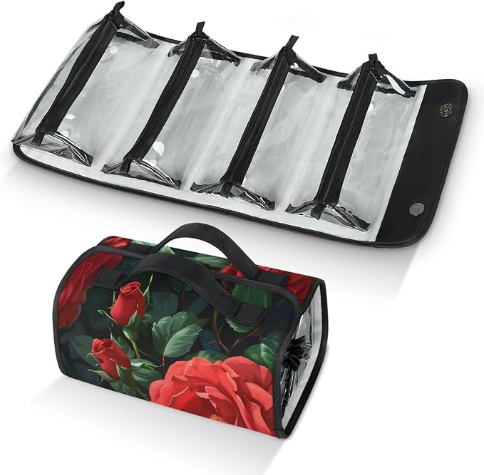 Red Rose Makeup Bag for Women Hanging Roll-Up Travel Organizer Toiletry Kit with 4 Removable Compartments, Red Floral Flower