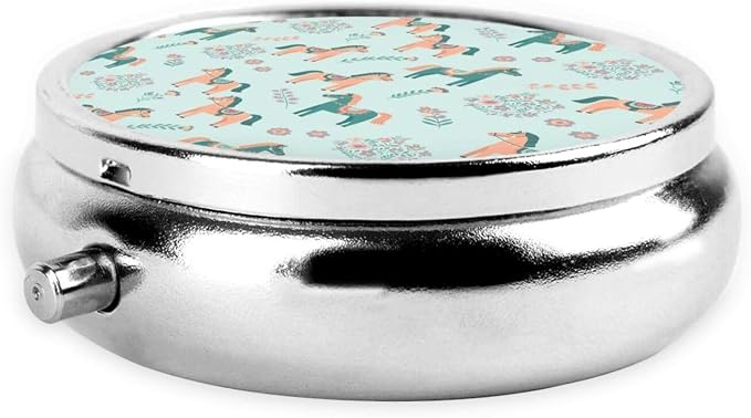 Travel Pill Dispenser, Round Small Organizer, Metal Case for Medicine, Pocket Purse Container for Camping Trips, Flowers Floral Horse Couple Art