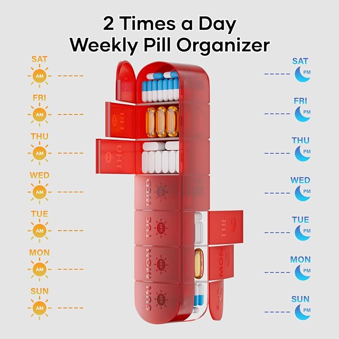 2 Layers Weekly Pill Organizer 2 Times a Day, Travel Medicine Pill Organizer, Pill Box Case 7 Day AM PM, Pill Container for Vitamins, Fish Oil, Supplements and Medication, Red