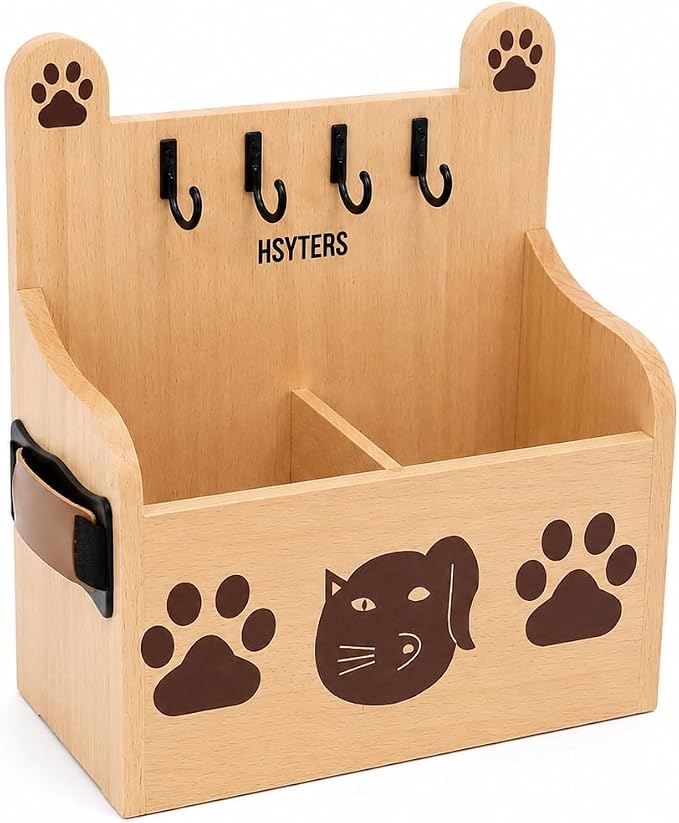 Handmade Pet Grooming Organizer – Solid Beechwood & Leather Holder for Dog & Cat Brushes, Combs & Accessories – Minimalist Premium Stand for Grooming Essentials