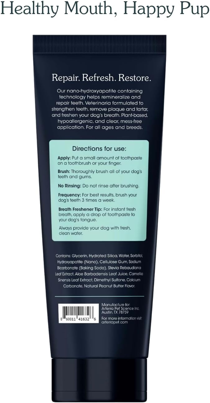 Remineralizing Dog Toothpaste – Vet-Grade, with Nano-Hydroxyapatite, Reverses Early-Stage Decay, Cleans Teeth, Removes Tartar, Freshens Breath by Arterra Pet Science, Plant-Based, Natural Flavor, 4oz