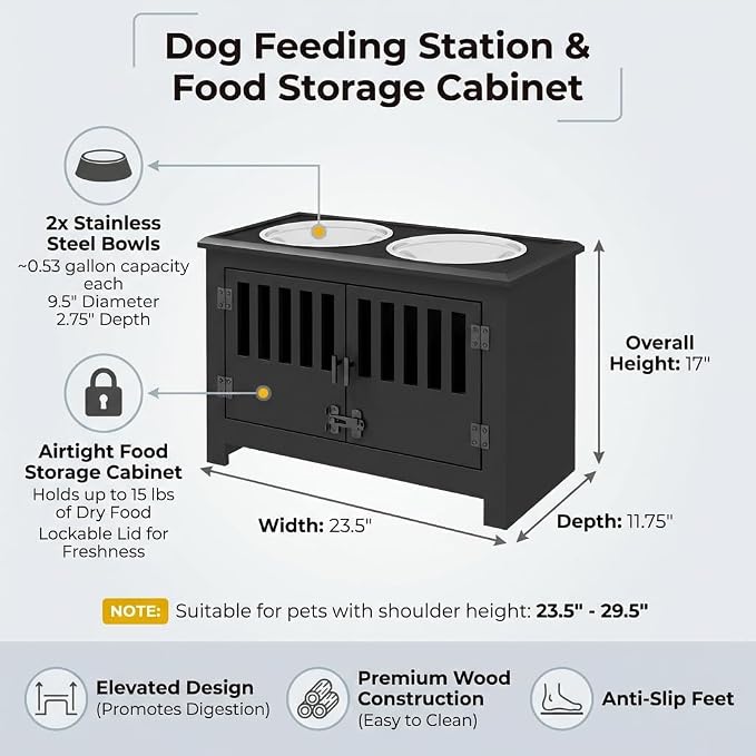 TTCOLATOPIA Elevated Dog Feeding Station with Food Storage Cabinet, Pet Food Organizer for Dogs, Elevated Dog Bowl Stand with Airtight Container, Wooden Dog Feeder Station for Indoor Use