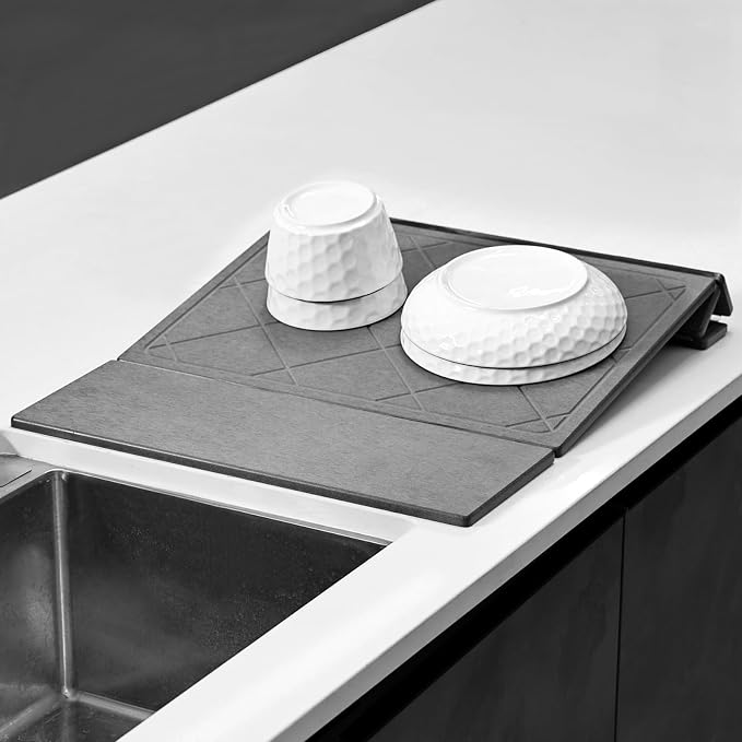 3-in-1 Collapsible Stone Dish Drying Mat for Kitchen Counter | Foldable Water Absorbing Diatomaceous Earth Drying Organizer Pad for Plate Rack Bottles Utensils (Gray - Grid Pattern, 24‘"x16")