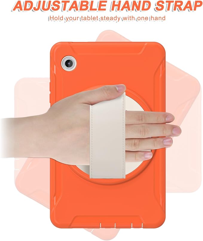 for Samsung Galaxy Tab A11 (2025) 8.7 inch Case 5G with Screen Protector, Hand Strap, Pen Holder & 360° Rotating Stand,Shockproof Protective Cover for SM-X130/X133/X135 (Orange)
