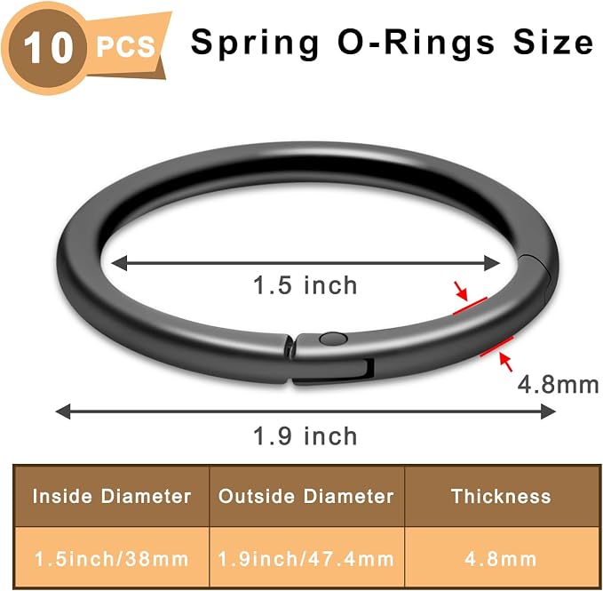 CooBigo 10Pack 1-1/2"" Large Round Carabiner Clips, Metal Spring O Rings for Organizer Key Rings, Paracord Keychain Lanyard, Pet Chains, Purse Hardware, Key Snap Hooks DIY Accessory (Black)