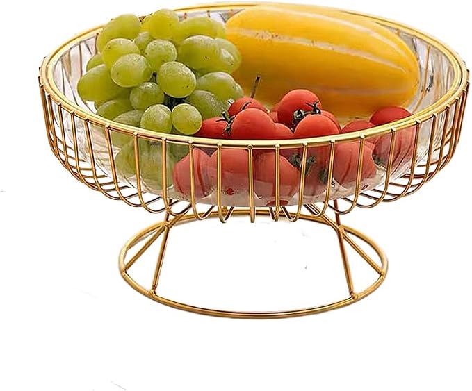 Transparent PET base fruit platter gold stand metal frame snack dessert tray plate, home creative modern living room fruit bowl stand (Transparent)