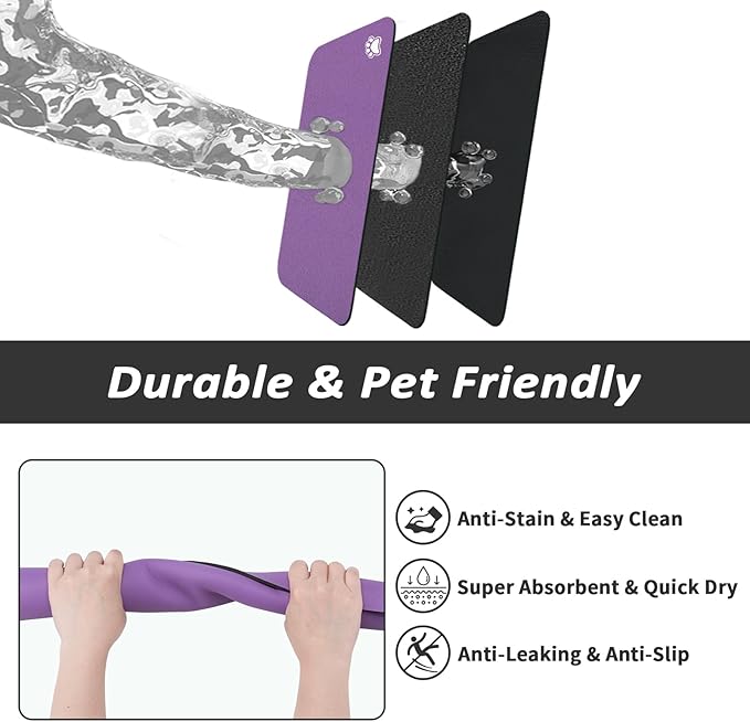 HotLive Dog Food Mat - Absorbent Cat Mat for Food and Water, No Stains Pet Feeding Bowl Mat, Easy to Clean Pet Placemats, Quick Dry Dog Water Dispenser Mat for Messy Drinkers | Paw Purple 24"x36"