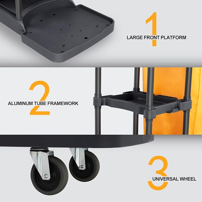 TUFFIOM Extra Large Commercial Traditional Cleaning Janitorial 3-Shelf Cart, 500 Lbs Capacity Housekeeping Cart, 42.5" L x 18.7" W x 37.6" H, Wheeled with 22 Gallon Yellow VinylBag Cover w Lid, Black