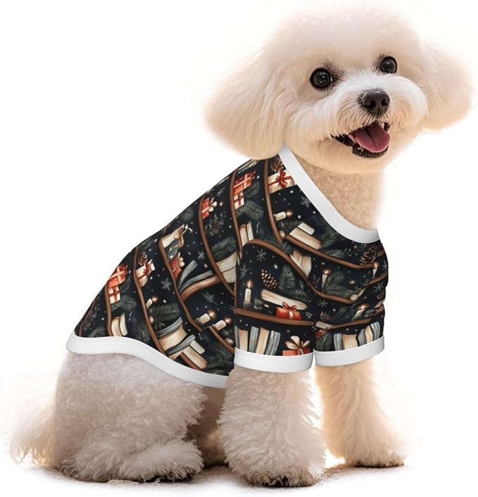 Christmas Bookshelf Dog T Shirt Dogs Cats Cotton Shirts Short Sleeve Clothes Soft Stretchy Pet Costume Doggy Outfit Pullover Jumper Puppy Sweatshirt Large