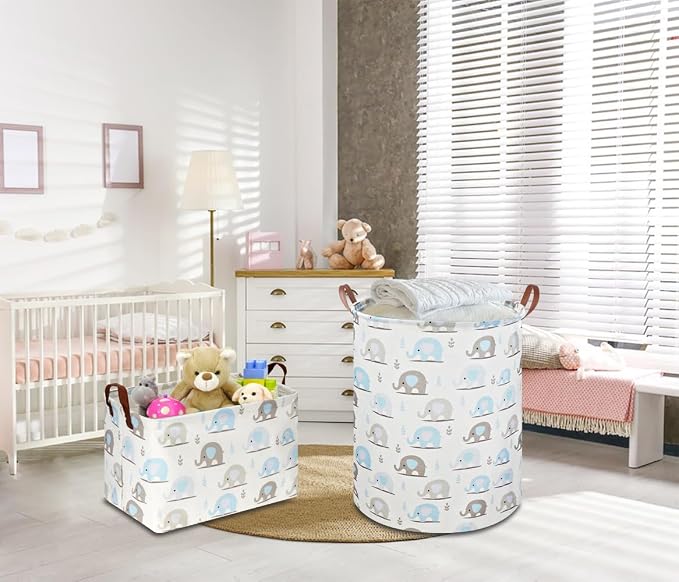 NTAOHAMPER Rectangular Blue Elephant Storage Basket,Collapsible Gift Basket with Handles,Books Box,Room Decor(Blue Elephant)