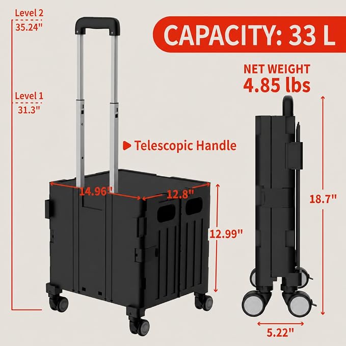 Foldable Shopping Cart with Wheels: Small Rolling Utility Crate | Adjustable Handle, All-Terrain Wheels, Multipurpose Grocery Trolley for Teacher, Market, Office, Luggage, Laundry, Garden