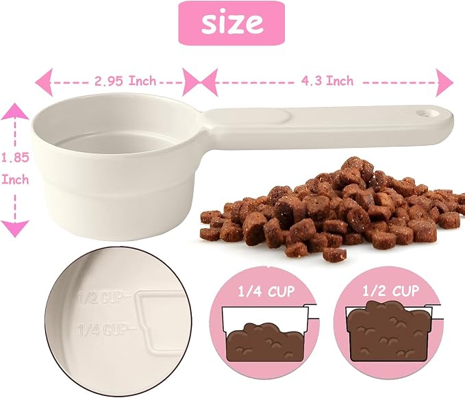 Joyinjojo Dog Cat Food Scoop - Pet Food Scoop Dog Food Measuring Cup 1/2 1/4 Cup, Comfortable Long Handle for Easy to Scoop Food, White 1/2 Cup