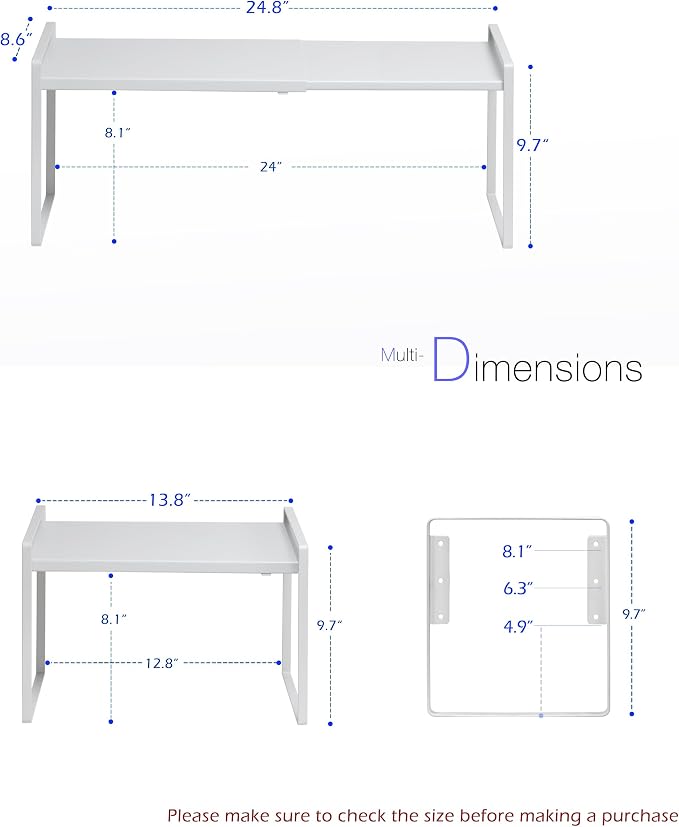 Nxconsu Cabinet Shelf Riser, Adjustable Cabinet Organizer, 8.6" Deep White | Heavy-Duty Metal Expandable Shelf Holds 50 lb with 3 Height Levels for Kitchen Cabinet Cupboard Pantry Dish Mug