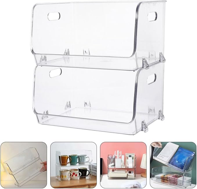 2pcs Figurine Holder Storage Box with Hollow Handles, Stackable Pet Desktop Storage Rack for Tabletop Organization and Wear Resistance
