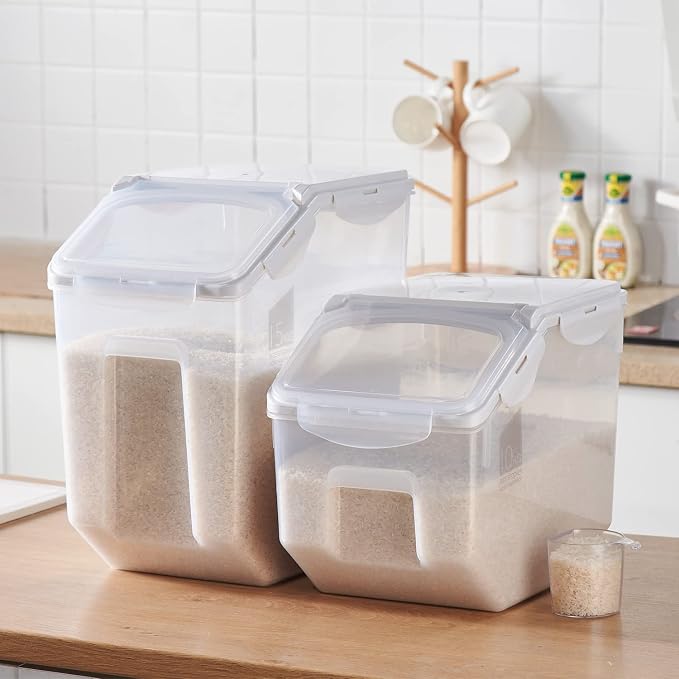 10 Liter / 20 lbs Rice Storage Container with Measuring Cup, BPA free, For Rice | Grain | Pet Food | Flour, 1 count, Clear