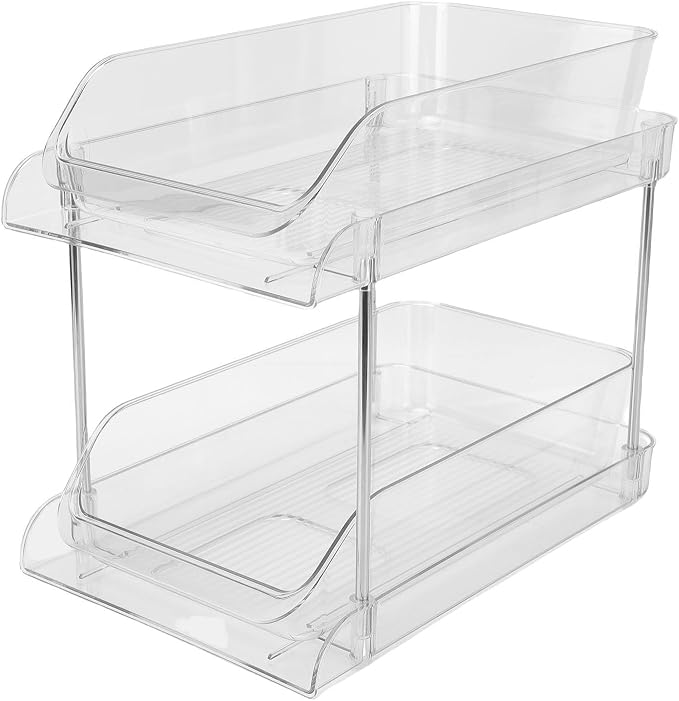 Under Sink Pull Out Organizer 2 Tier | Transparent Acrylic Shelves for Easy Viewing | Stackable Storage for Bathroom/Kitchen/Pantry | 2 Baskets, No Tools Needed