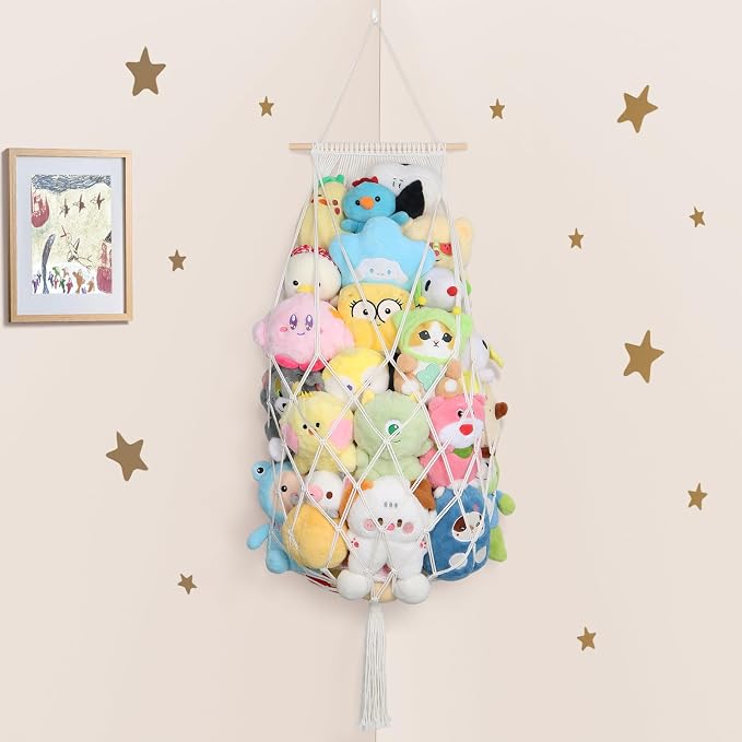 Stuffed Animal Storage Net Corner,70'' Macrame Stuffy Hammock,Cream | Wall Ceiling Over Door Hanging Stuffed Animals Hammock, Boho Macrame Stuffy Storage Holder, Nursery Playroom Kid Room Decor