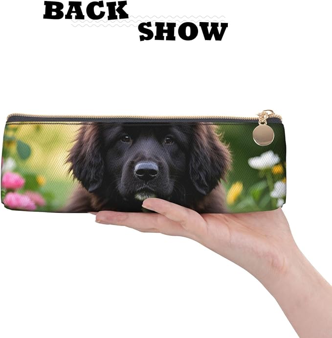 Leather Pen Case with Zipper - Aesthetic Pen Holder Cute Pet Newfoundland Dog Pencil Case for Women & Men - Handcrafted Pencil Bag Multi-Functional Travel Cosmetic Case for Work Office Tool Pouch