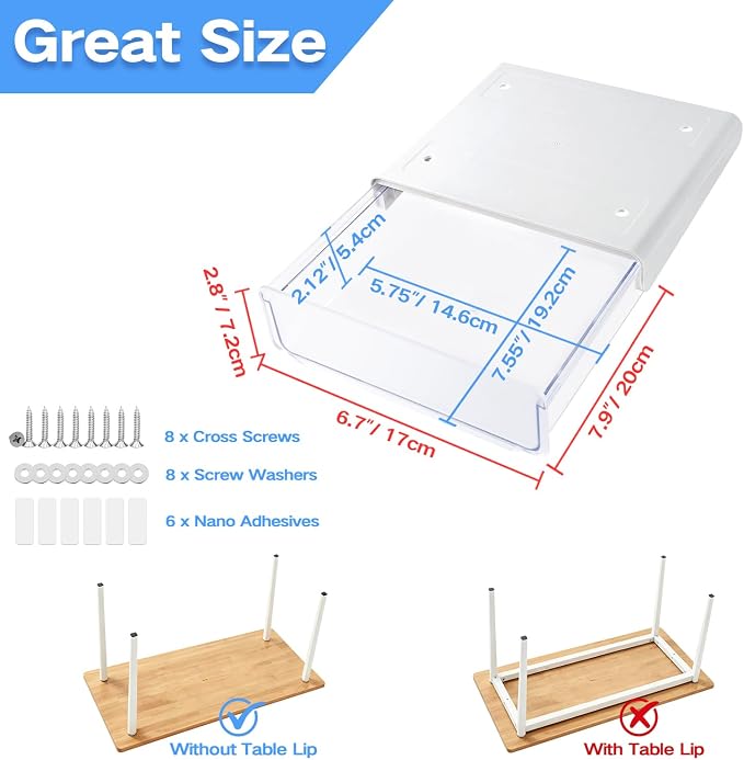 OSPNIEEK Self-adhesive Under Desk Drawer Organizer, 2 Pack Table Hidden Slide Out Large Storage Mounted Desktop Pencil Holder Tray Drawers for Office Home School Stationery Kitchen (White)
