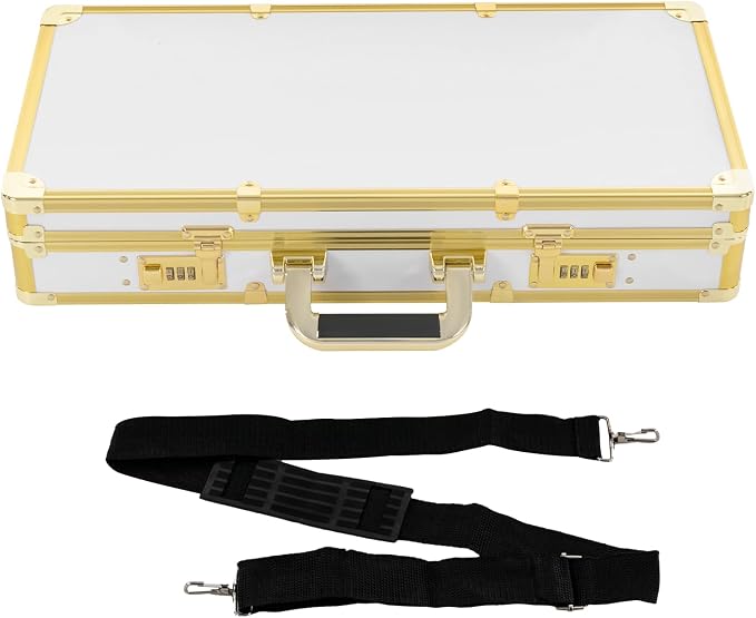 Barber Case, Professional Barber Carrying Case with Shoulder Strap & Combo Locks, Portable Hair Stylist Tool Box, Pet Beauticians Cutting Grooming Kit Storage Organizer, 21.65*10.63*4.33in White+Gold