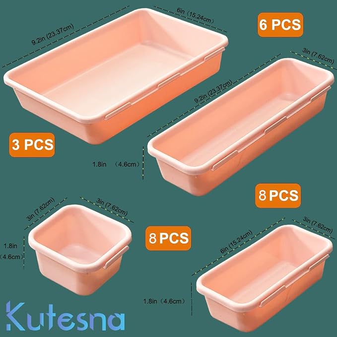 Kutesna 25 PCS Pink Drawer Organizer Set, 4 Size Interlocking Plastic Storage Bins for Office Supplies, Jewelry Makeup Vanity, Bathroom Kitchen, Home Organization Closet, Gadgets Small Items