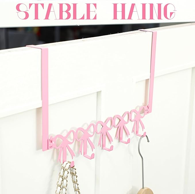AceOrbit Pink Bow Over The Door Hooks Hanger 5 Hooks Coquettish Decor | Kawaii Bow Style for Bedroom Bathroom, Organizes Towels Hats Clothes, Farmhouse Decor, Over the Door for Kids Girls