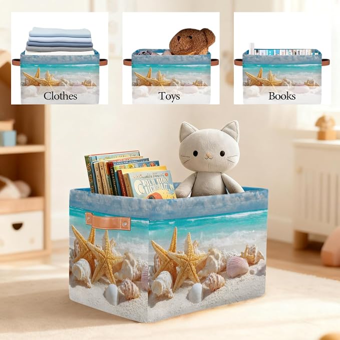 Pardick Storage Baskets Bin, Beach Ocean Starfish Seashells Collapsible Canvas Fabric Storage Bin Decorative Baskets Toy Organizer Rectangle Storage Boxes with handles for Home Shelves Nursery,Q-8