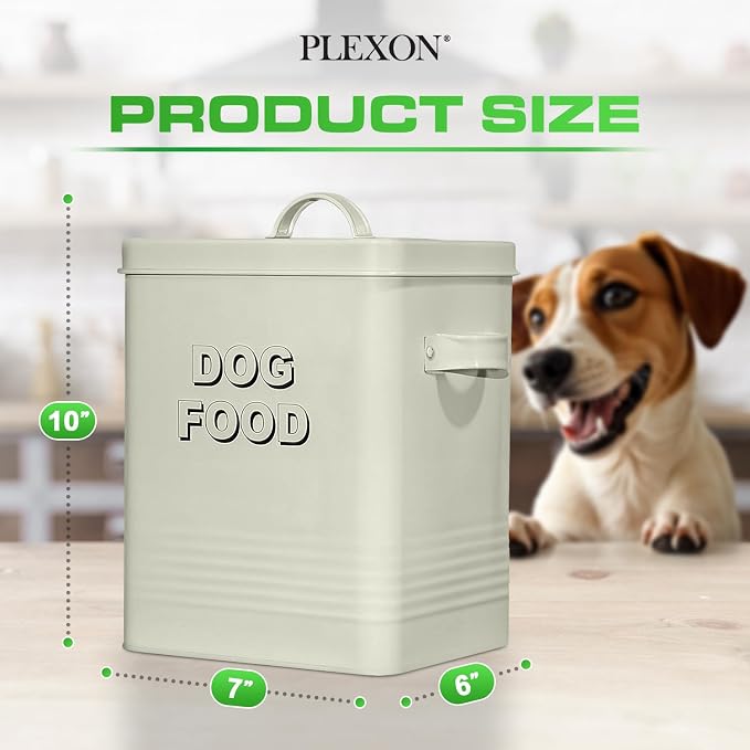 Plexon Metal Dog Food Storage Container with Scoop - Small Dog Food Container Holder Treat Jar Bin with Lid - Pet Chow Storage Canister Tin, 1.5 Gallon, 7 lbs, Off-White